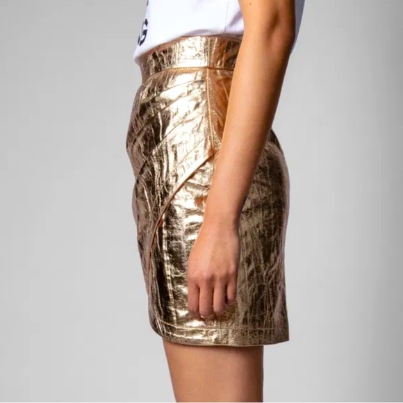 ZADIG & VOLTAIRE JULIPE FAUX WRAP GOLD CRINKLE LEATHER SKIRT SIZE 36/SMALL NWT - Picture 9 of 9